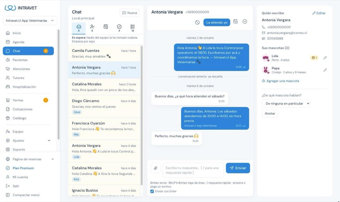 Una conversación de WhatsApp dentro de IntraVet, con la ficha de quien escribe y sus dos mascotas al lado.